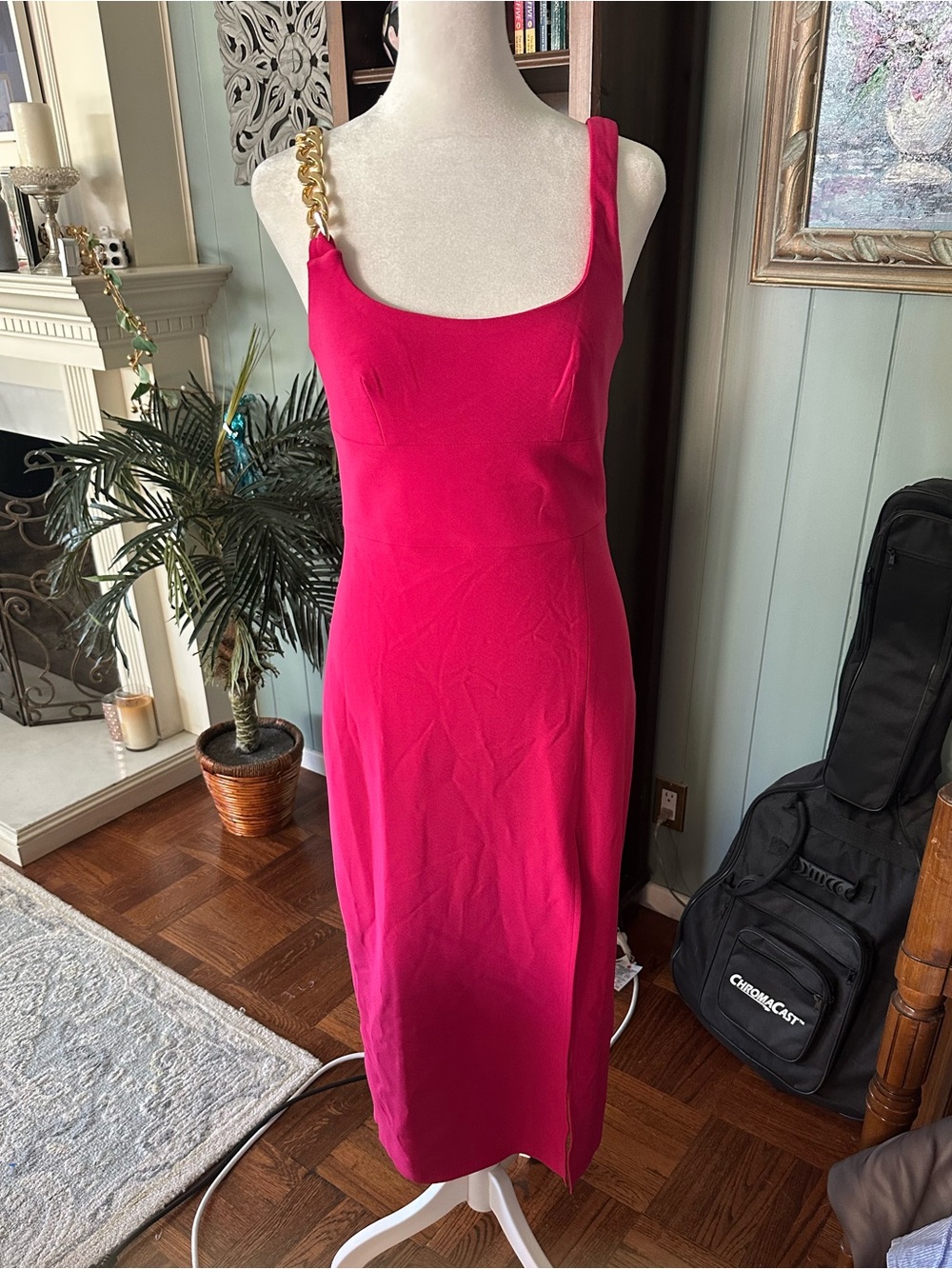 Amanda Uprichard Landra Hot Pink One-Shoulder Midi Dress with Gold Chain